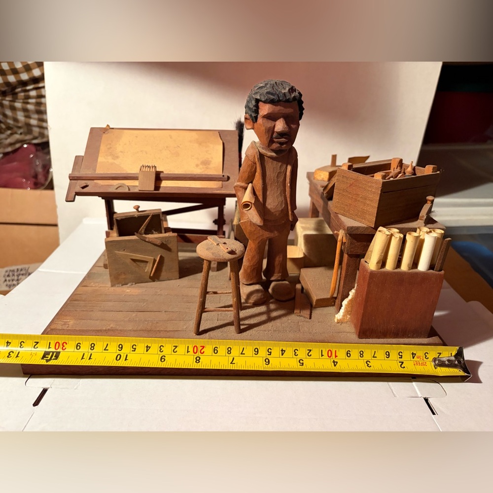 Hand-Carved Wooden Folk Art Diorama – Draftsman’s Workshop – Large 32 cm / 12.6”